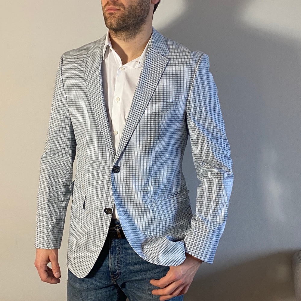 Hugo Boss lightweight light blue plaid blazer.